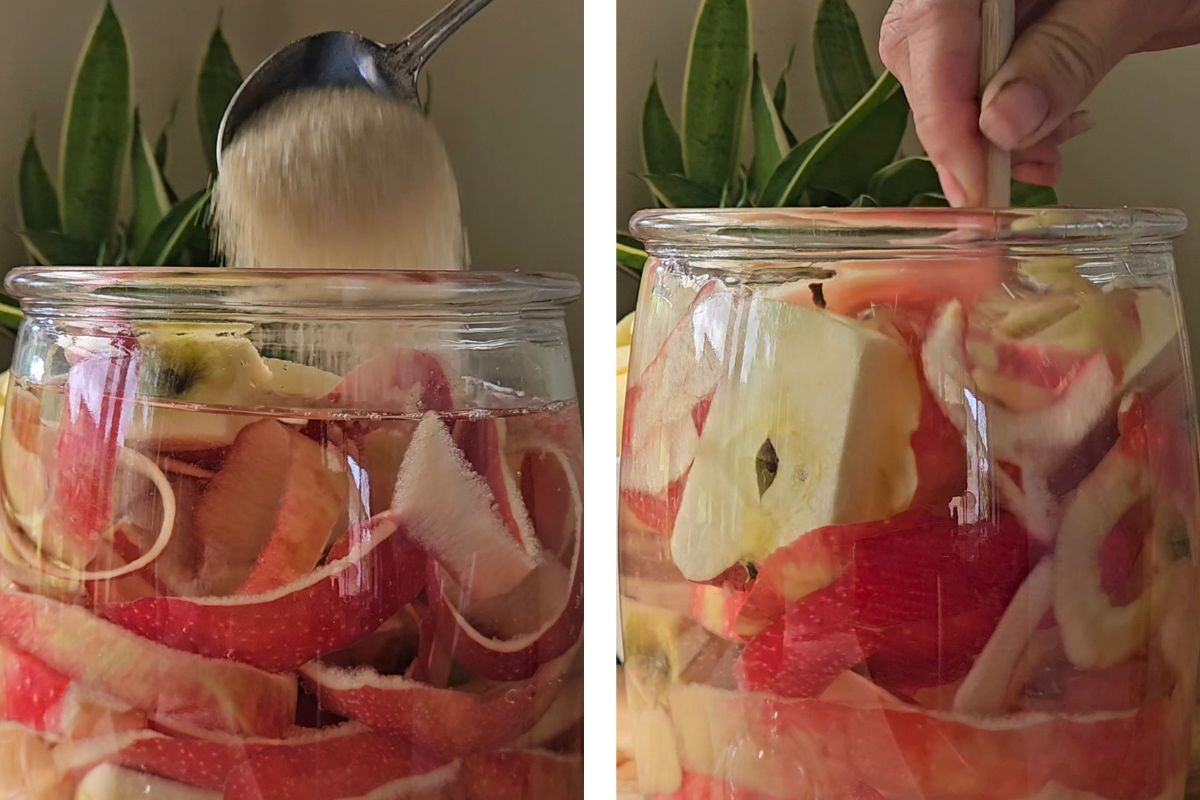 Apple Scrap Vinegar - Adding Water and Sugar