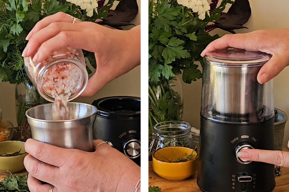 Adding salt to processor for herbal salts