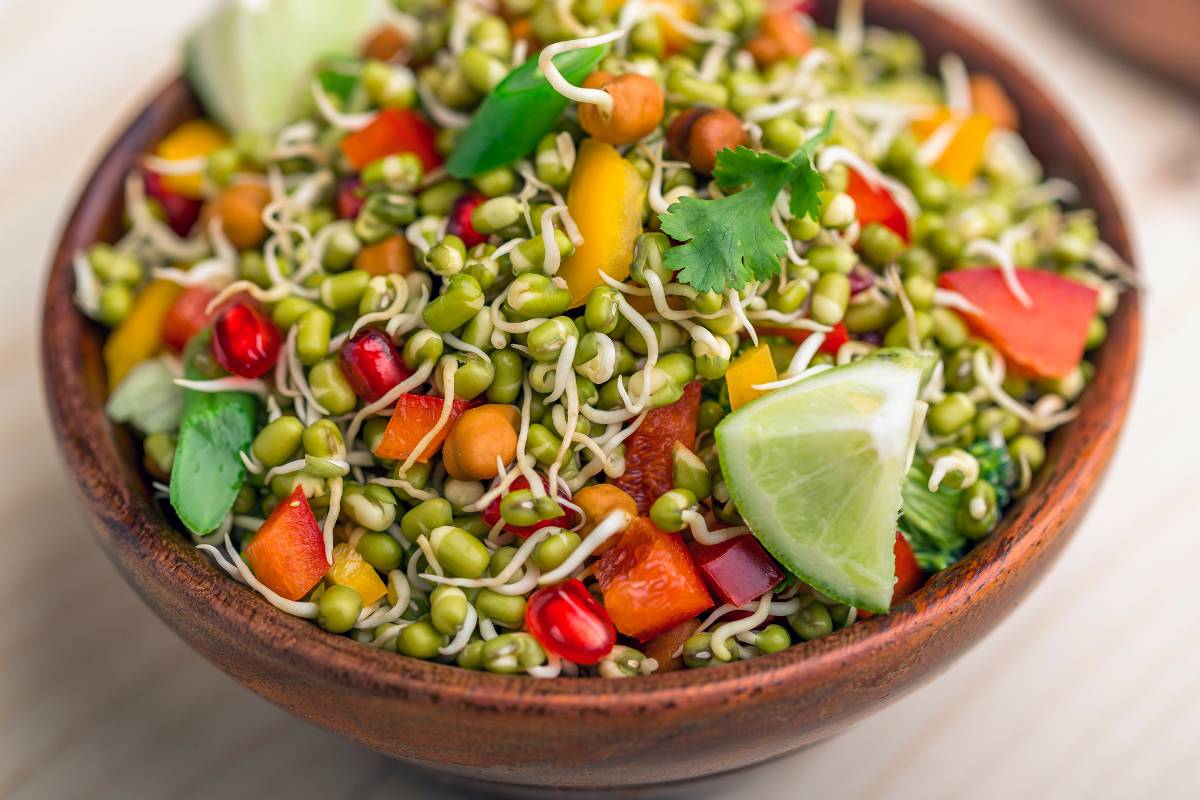 A photo of a bowl of mung bean salsa with sprouts, lime wedges, capsicum, carrot, snow peas, coriander and pomegranate seeds.