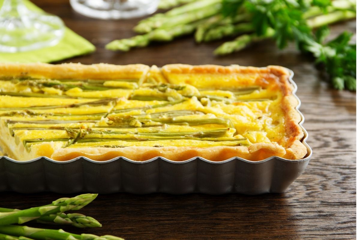 Asparagus quiche in a kitchen