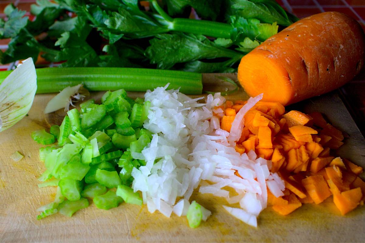 Chopped celery, onion and carrot to use in Mirepoix