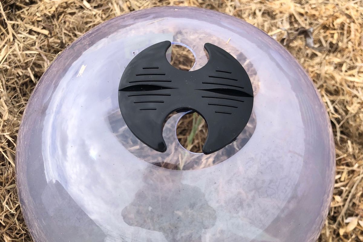 Close-up of a plastic plant protection dome and its vent