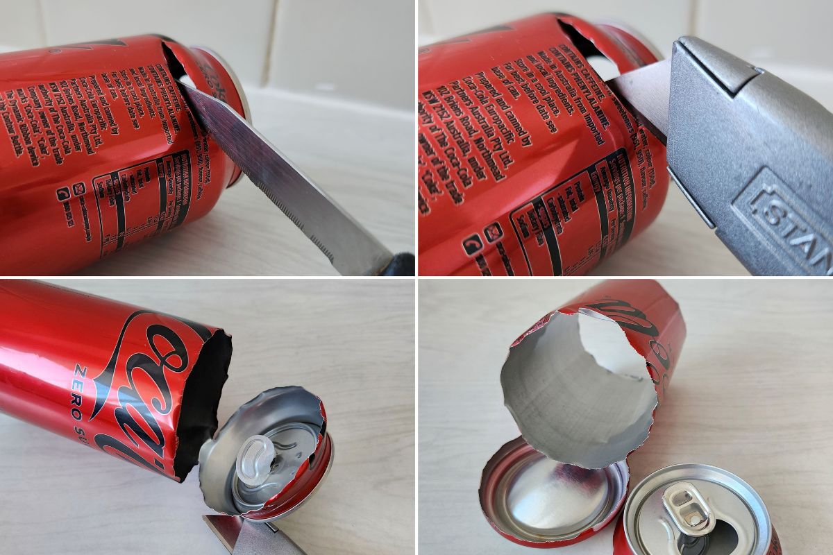 Removing the top and bottom of the can with a knife