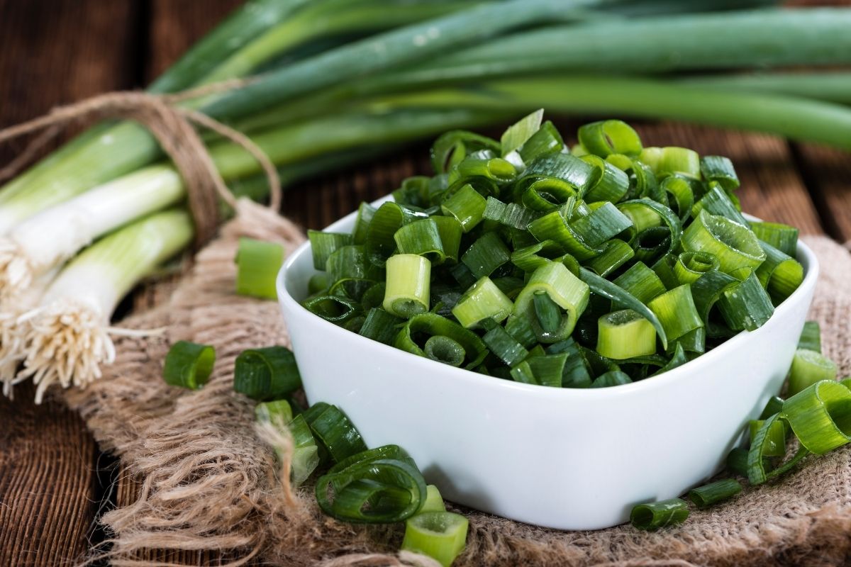 Chopped bunching onions in a bowl.