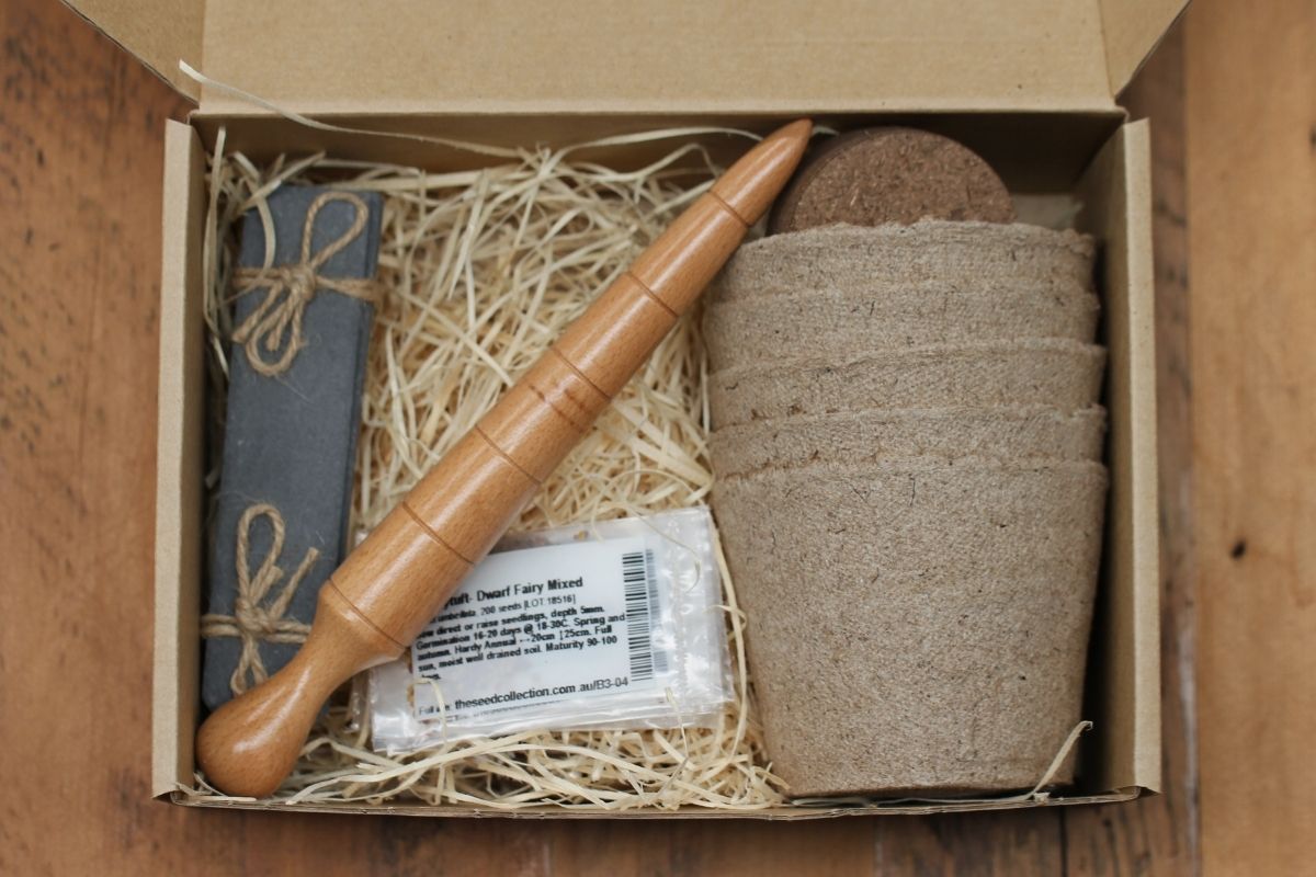 The inside of a gift box with flower seeds, biodegradable pots, soil pellets, plant labels and a dibbler.