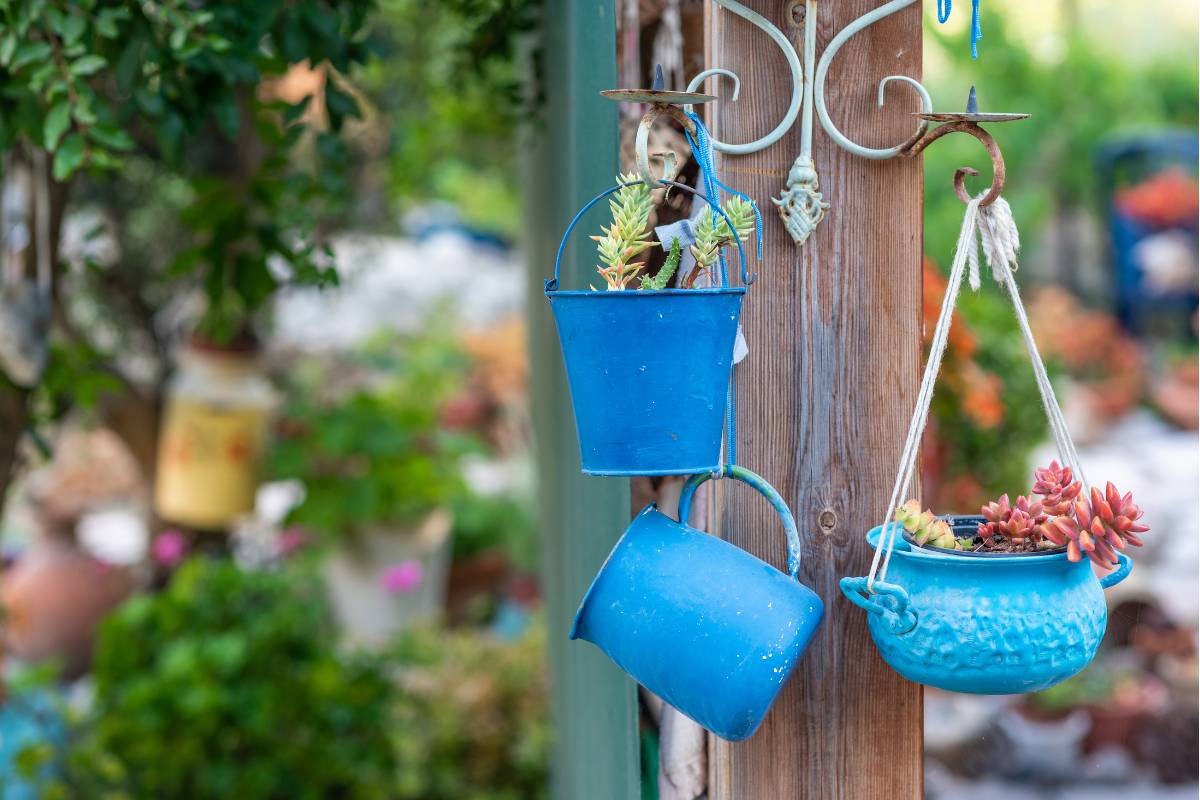 A photo of three upcycled buckets and jugs painted blue and used as hanging baskets for plants