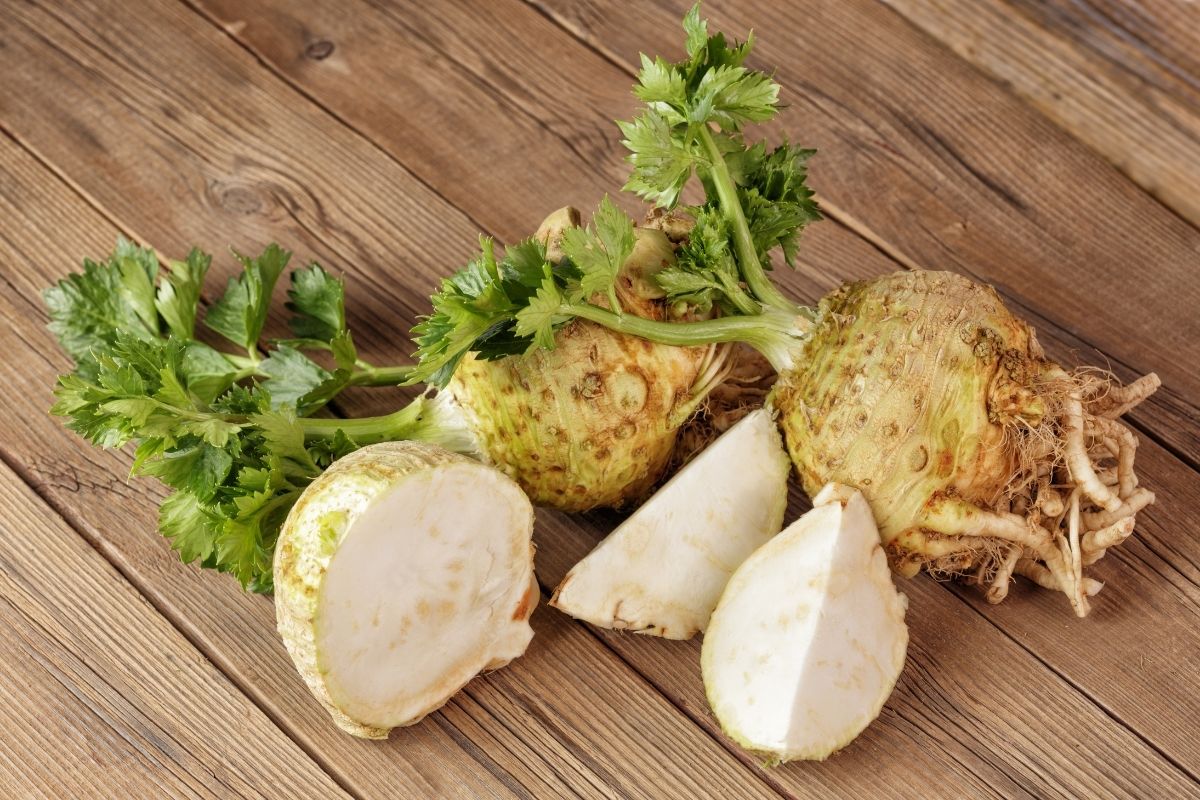 Celeriac plants and a cut celeriac stem on a cutting board